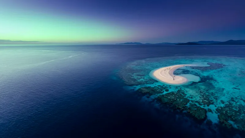 Aerial twilight view of Michaelmas Cay sand and reef in deep blue water.