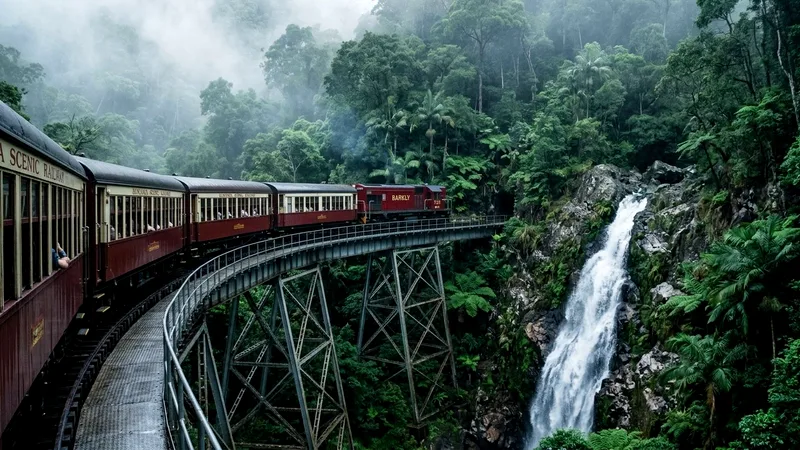 Kuranda Scenic Railway train crossing a bridge beside Stoney Creek Falls.