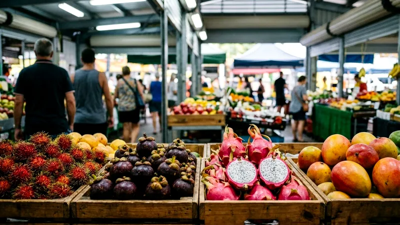 Crates of tropical fruit including dragon fruit and rambutans at Rusty's Markets.