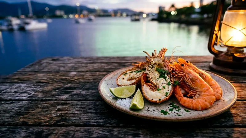 Plate of fresh prawns and Moreton Bay bugs with lime beside the inlet.